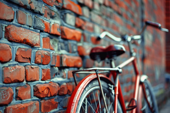 A red bicycle is leaning against a brick wall