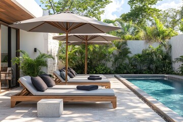 Chic contemporary poolside lounge area with a concrete umbrella stand and stylish gray pavers inspired by eco friendly Tulum Mexico