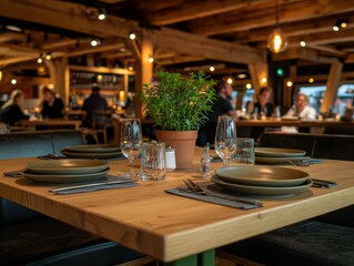 Fototapeta premium Romantic Dining Experience at Cozy Restaurant - Intimate Dinner Setting with Potted Plant Centerpiece