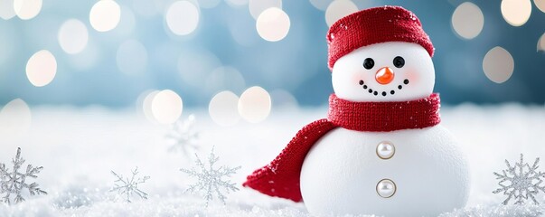 Fototapeta premium Snowman with pearl buttons and a red scarf, surrounded by sparkling snowflakes