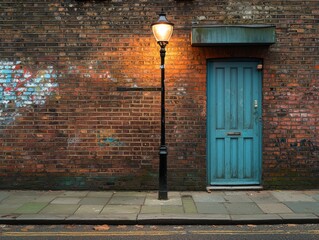 Vintage Urban Symmetry Close-up Retro Street Lamp on Weathered Brick Wall with Teal Door, Melancholic Atmosphere for Creative Design