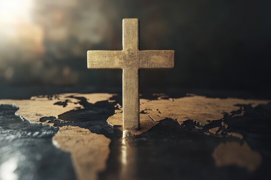 3D depiction of the global mission and evangelism featuring Jesus Christ s holy cross and a world map