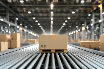 Cardboard boxes on a conveyor belt in a warehouse.