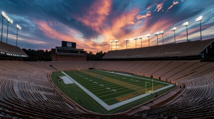 Vibrant Sunset View from High Above Stadium Seats Empty Football Field in Serene Dusk Setting - Sports Events Promotion