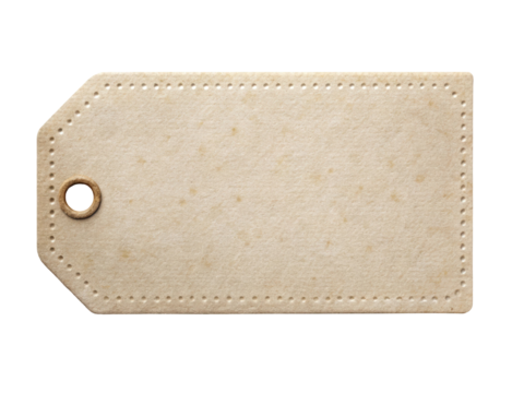 Rectangular kraft paper tag featuring a punched hole and a textured surface. It has perforated edges and is ideal for labeling, crafting, or gift decoration. Isolated on transparent background, png.