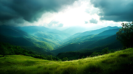 Fototapeta premium majestic mountain valley with rolling green hills under dramatic storm clouds, showcasing the serene beauty of nature and peaceful landscape