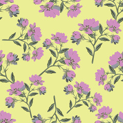 Vintage seamless floral pattern. Liberty style background of small lilac and white flowers. Small flowers scattered over a beige background