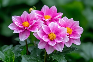 Fototapeta premium Dahlia flowers in a cutting garden, their layered petals glowing in shades of pink and white