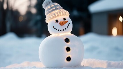 Obraz premium Snowman with reflective buttons and a twinkling hat, glowing in the winter night
