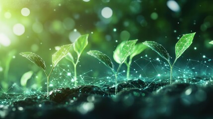 A close-up of sprouting plants with a digital overlay, symbolizing growth and innovation.