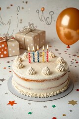Festive Birthday Cake Celebration with Lit Candles on White Surface - Closeup View of Elegant Single-Layered Cake with Confetti and Gifts in Soft Warm Lighting