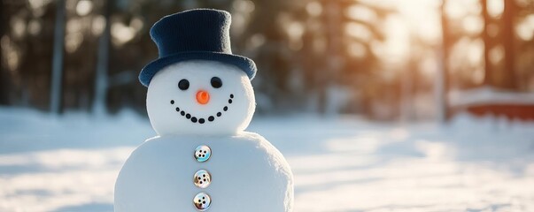 Snowman with reflective buttons shining in the winter sunlight