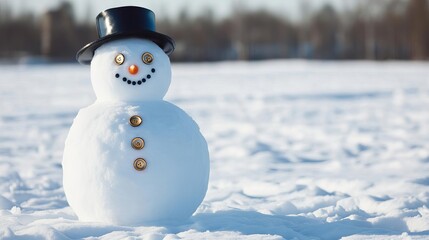 Obraz premium Snowman with shiny buttons standing in a snow-covered field, capturing winter joy