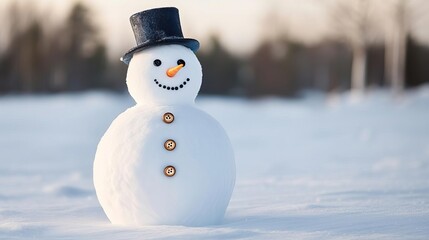 Obraz premium Snowman with shiny buttons standing in a snow-covered field, capturing winter joy