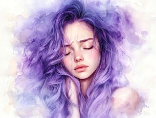 Ethereal Vision Closeup Portrait of Young Woman with Flowing Purple Hair, Tears of Sadness in Dreamy Watercolor Wash Background - Emotional Artistic Concept for Novel, Social Media, or Print Use