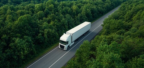 Tranquil Journey Through Verdant Forest - White Semi-Trailer Truck on Winding Road