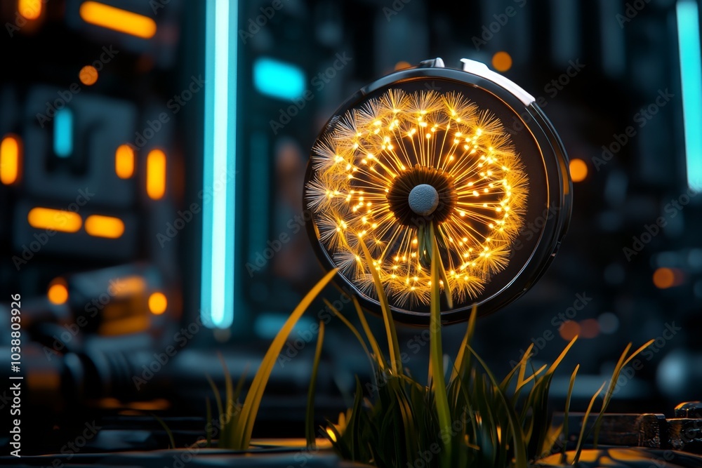 Poster dandelion seeds drifting through a futuristic cyberpunk city, illuminated by neon lights and glowing
