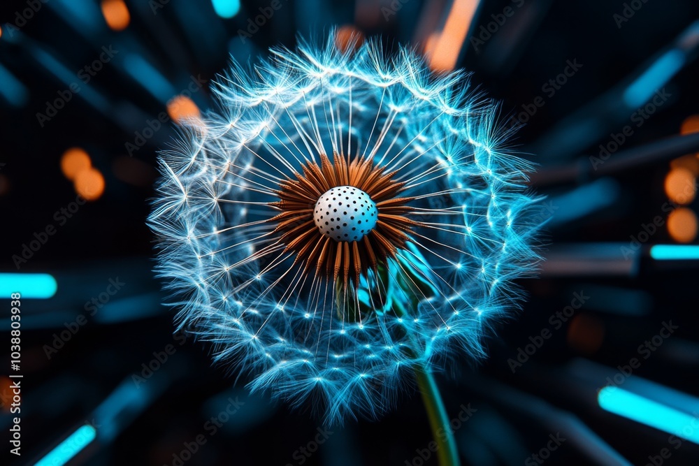 Poster dandelion seeds drifting through a futuristic cyberpunk city, illuminated by neon lights and glowing