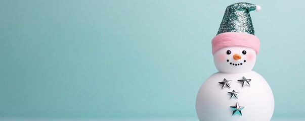 Snowman with star-shaped buttons and a glittery hat, adding sparkle to the snow