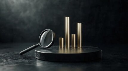 Futuristic data environment with graphs and a magnifying glass, illustrating the exploration of market trends and insights in digital analytics