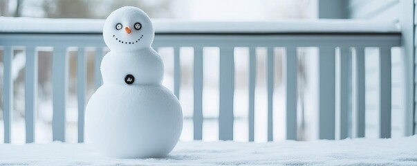 Snowman with tiny button eyes, standing on a snow-covered porch