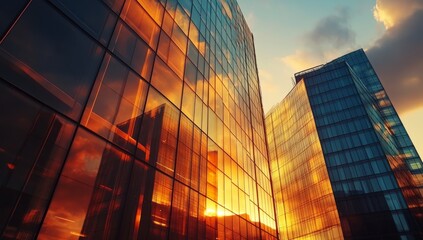 A photorealistic image of towering skyscrapers reflecting the warm hues of a sunset, creating a vibrant and dynamic urban scene.