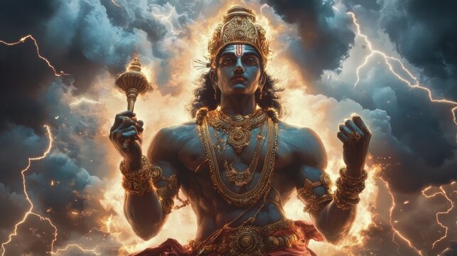 A hyper-realistic depiction of the Hindu god Indra, holding his thunderbolt, surrounded by storm clouds and lightning.