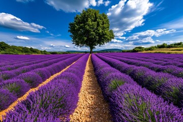 Fototapeta premium Field of lavender stretching into the distance, with a lone tree standing tall under a bright blue sky
