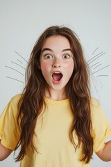 Vivid Closeup of Surprised Woman with Dark Brown Hair in Bright Yellow Shirt Against Minimalist Gray Background - Expressive Emotion and Playful Expression for Advertising, Editorial, and Social