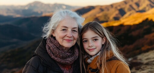 Fototapeta premium Intimate Generations Close-Up Portrait of Loving Grandma and Granddaughter Against Mountain Backdrop at Sunset - Family Bonding and Affection Concept
