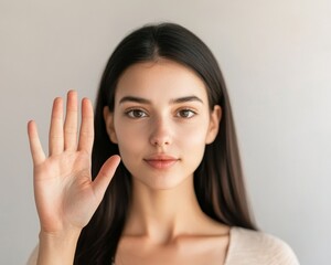 Ethereal Beauty Serene Portrait of Young Woman with Dark Hair and Delicate Hand Gesture Against Neutral Background - Calm and Captivating Natural Beauty Concept