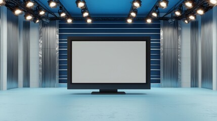 Fototapeta premium Minimalist Studio Space with Blank TV Screen, Professional Lighting, and Metallic Textures, Symmetrical Wide-Angle View, Clean Contemporary Design for Presentations and Media Studios