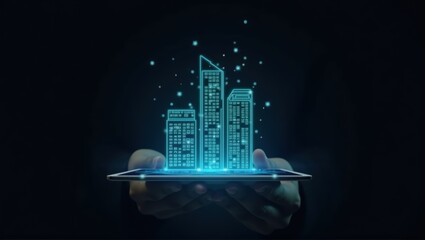 Generative, AI, Holographic cityscape with blue tones and digital grid on dark background, futuristic urban design concept.

