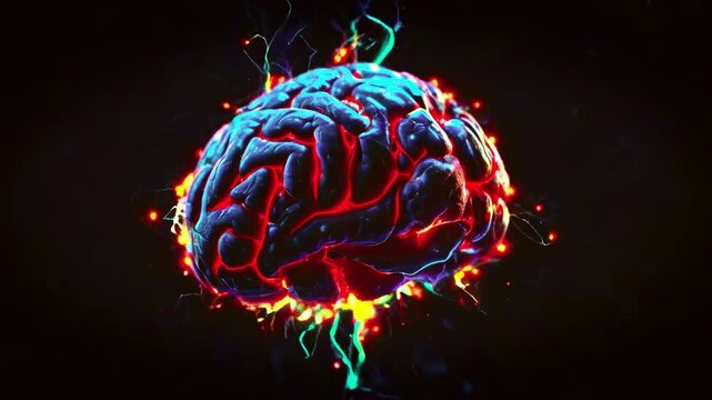 The dynamic motion of the spinning brain is accompanied by bursts of bright shining neurons creating a captivating visual experience