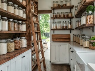 Rustic Farmhouse Pantry with Glass Jars, Natural Light, and Verdant Outdoor View - Homey Kitchen Organization for Food Bloggers and Home Decor Inspiration