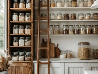 Minimalist Kitchen Pantry Organization with Glass Jars and Wooden Cabinets in Neutral Tones - Contemporary Home Storage Concept