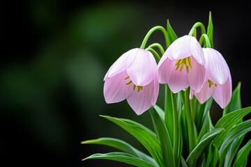 Obraz premium Fritillaria flowers painted in soft watercolor, their delicate bell-shaped petals blending softly into the green background