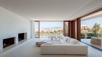 Panoramic Serenity Modern White Living Room with Expansive Cityscape View and Tranquil Forest, Luxe Home Interior Design (189 characters)