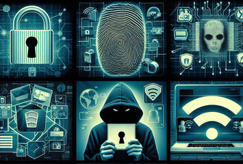 Un'immagine che raffigura hacker mentre tentano di violare la privacy di un utente, evidenziando allo stesso tempo l'importanza della sicurezza dei dati attraverso icone e simboli di protezione.