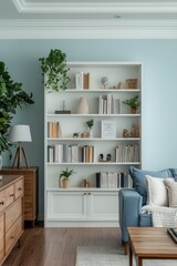 Serene Minimalist Living Room Interior with White Bookshelf and Potted Plants in Light Blue Setting - Elegant Home Decor Concept