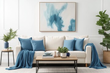 Fototapeta premium Serene White Sofa Oasis Elegant Interior Design with Blue Accents in Modern Living Room - Home Decor Inspiration