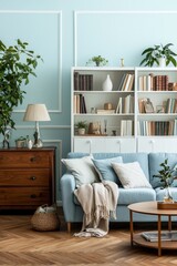 Obraz premium Inviting Blue Sofa in Modern Living Room Interior Cozy Home Decor with Plant Accents Tranquil Contemporary Design Soft Light Ambiance (194 characters)
