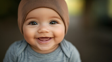 Adorable Baby Boy Smiling in Brown Knit Hat Portrait