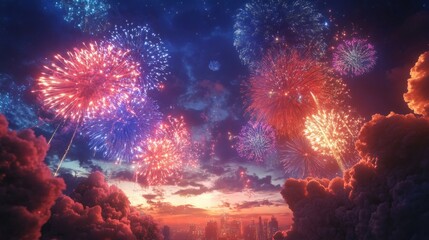 A hyper-realistic image of fireworks lighting up the sky above a festival, with intricate explosions in vibrant hues.