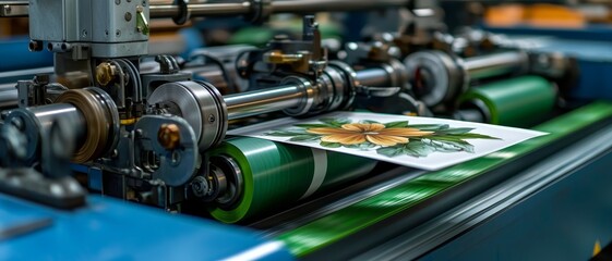 Obraz premium Precision Printing Process Close-up of Flower Design Sheet in Industrial Machinery - Metallic Gears and Green Rollers - Industrial Workshop Technology Concept