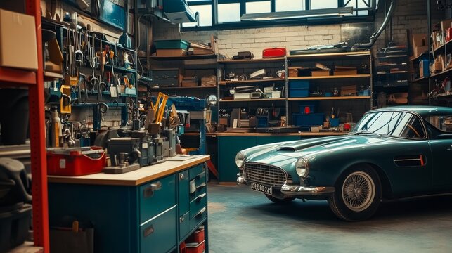 Fototapeta An exciting car restoration garage with classic cars and mechanical tools, Restoration tools organized in a vintage car workshop, Automotive revival style