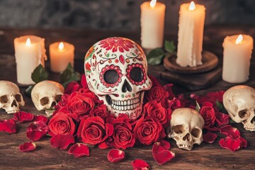 Gothic Elegance Intricate White Sugar Skull Surrounded by Roses, Candles, and Mystery on Dark Wood - Day of the Dead Theme