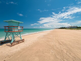 Fototapeta premium Tranquil Beachscape Serene Lifeguard Stand on Turquoise Shoreline under Clear Blue Skies for Summer Travel