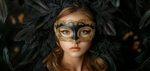 Fototapeta premium Elegant Masquerade Mystery Woman in Gold and Black Mask with Feathered Frame, Luxury Noir Concept for Events and Fashion Editorials