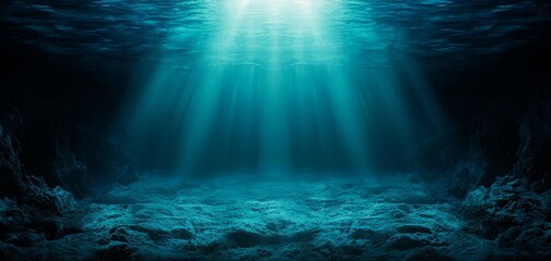 Fototapeta premium Underwater Mystery Sunlit Ocean Floor Adventure with Dramatic Light Beam in Deep Blue Sea - Realistic Underwater Illustration for Exploration and Wonder